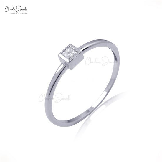 G-H White Diamond Bezel Set Ring Size US-6.5 14k Solid White Gold Ring 2.4mm Square Princess Cut Dainty Ring For Engagement