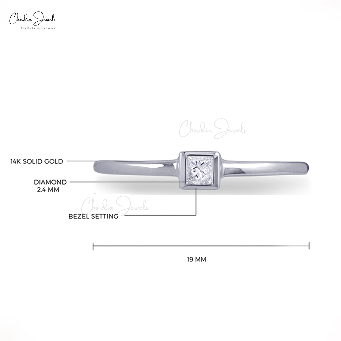 G-H White Diamond Bezel Set Ring Size US-6.5 14k Solid White Gold Ring 2.4mm Square Princess Cut Dainty Ring For Engagement