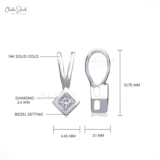 Square Princess Cut 2.4mm White Diamond Solitaire Pendant 14k Solid White Gold Pendant For Her