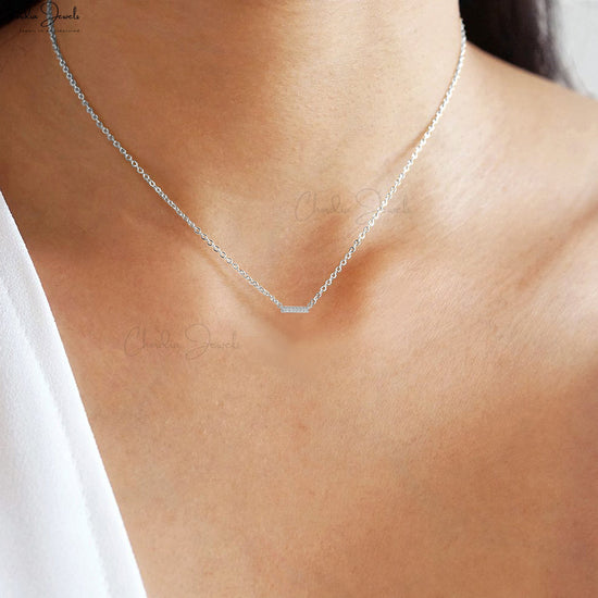 Dainty Bar Necklace In 14k White Gold Genuine White Diamond Channel Set Classic Necklace 