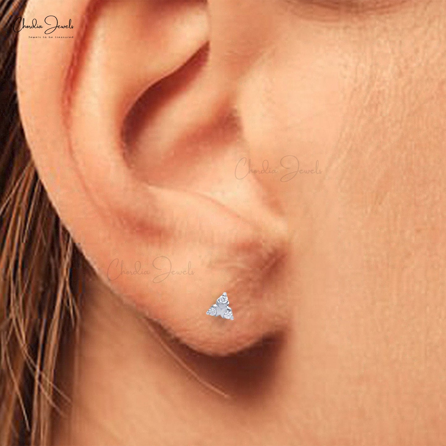 Natural Diamond Three Stone Studs 14k Solid White Gold Minimalist Earrings