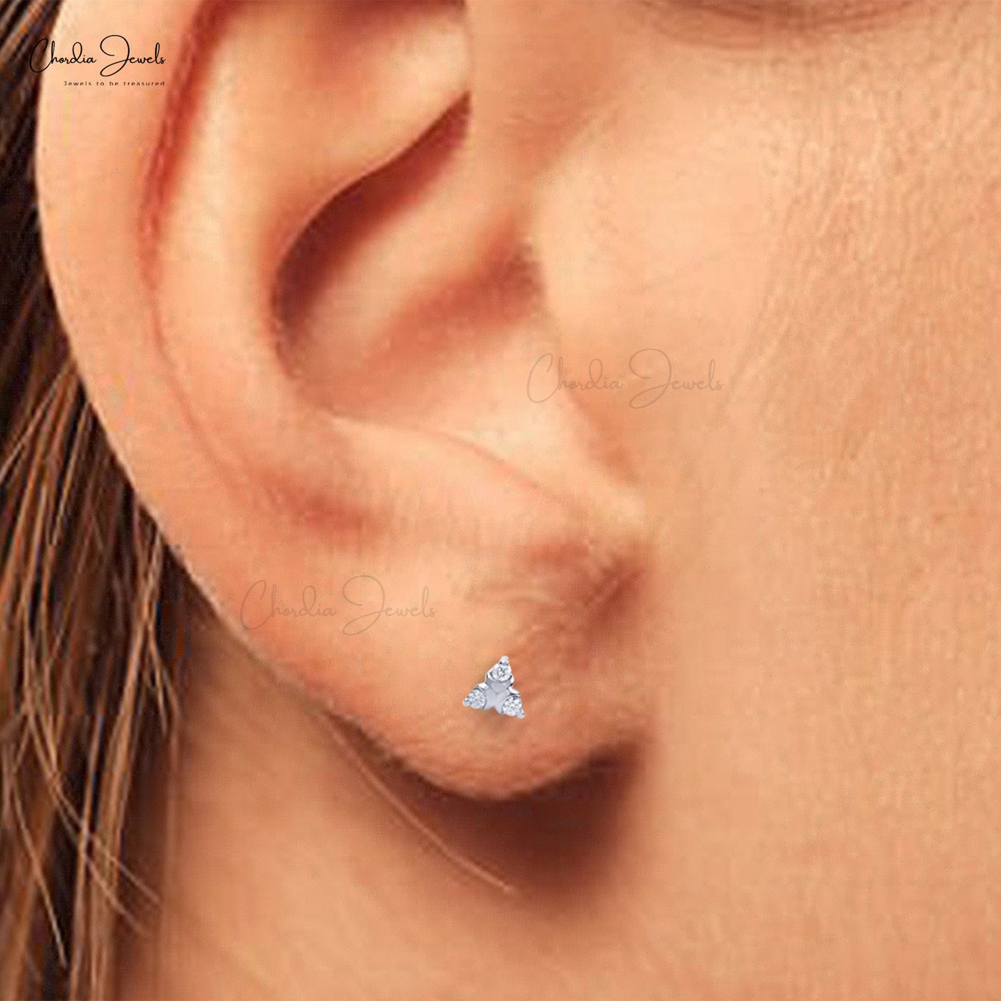 Genuine Round Diamond Three Stone Accented 14k Solid White Gold Basic Studs Earring