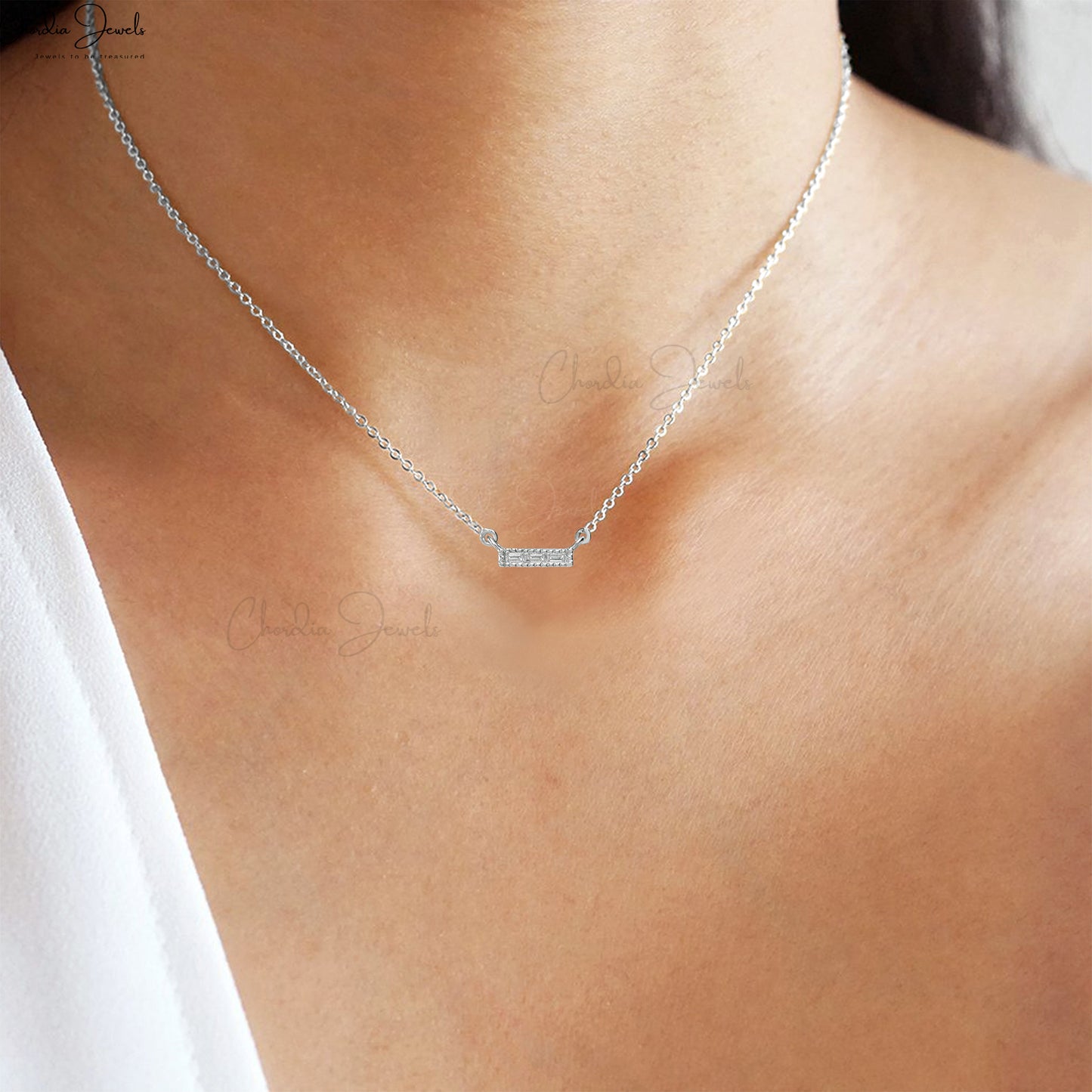 Load image into Gallery viewer, G-H White Diamond Dainty Necklace 2x1mm Baguette Cut Necklace 14k Solid White Gold Necklace For Anniversary Gift
