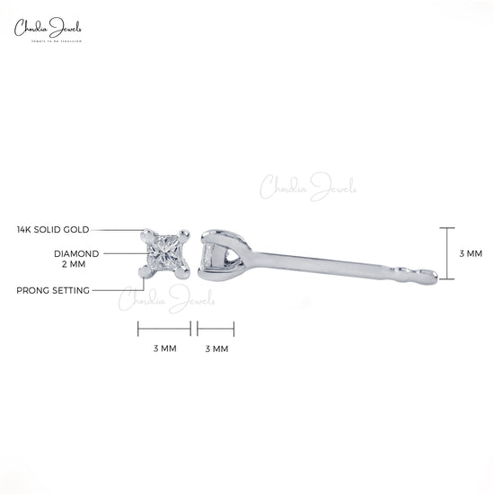 April Birthstone White Diamond Earring 14k Solid White Gold Earrings 2mm Square Princess Cut Earrings For Her