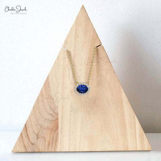 Natural 0.75cts Blue Sapphire Halo Necklace Solid 14k Hallmarked Gold Diamond Necklace For Women
