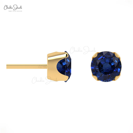 Real 14k Gold Natural Blue Sapphire Earrings 0.6 Ct Round Cut Gemstone Minimal Earrings Handmade Jewelry For Women