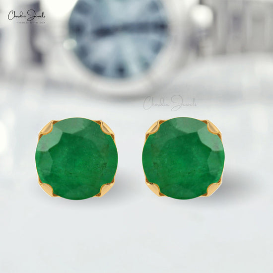 Natural Emerald 4mm Round Cut Gemstone Studs 14k Real Gold May Birthstone Hallmarked Jewelry For Women's