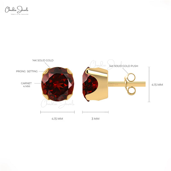 Natural  Garnet Studs 4mm Brilliant Round Cut Earrings For Gift 14k Real Gold Minimalist Stud Earrings Fine Jewelry For Her