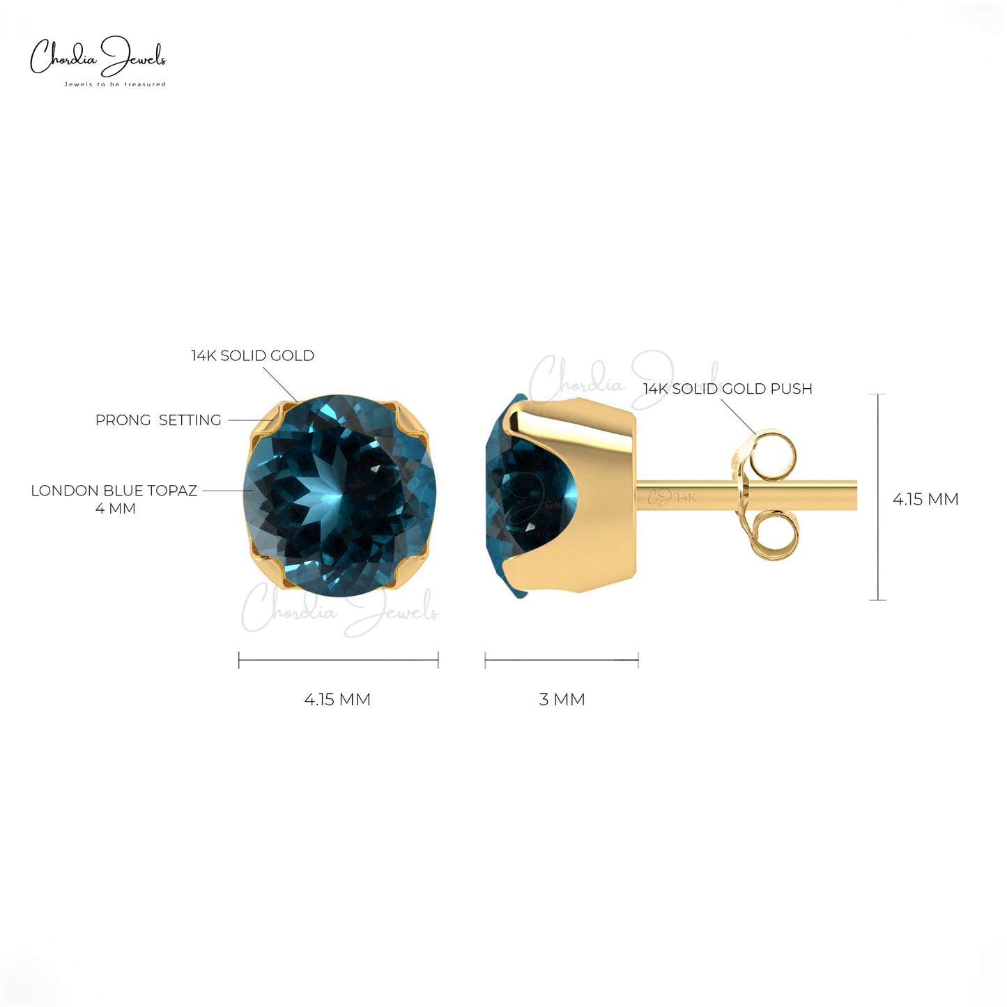 AAA London Blue Topaz Earrings 4mm Round Cut Natural Gemstone Summer Jewelry 14k Real Gold Dainty Earrings For Her