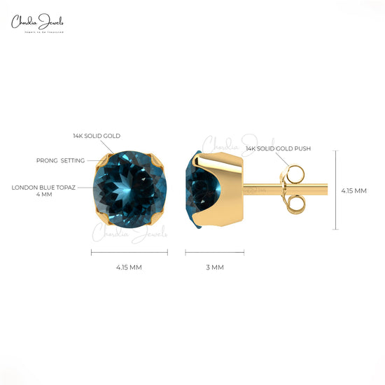 AAA London Blue Topaz Earrings 4mm Round Cut Natural Gemstone Summer Jewelry 14k Real Gold Dainty Earrings For Her