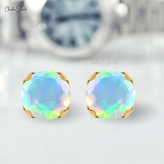 Genuine Ethiopian Opal Studs 14k Solid Gold Push Back Handmade Earrings 4mm Round Cut Fine Jewelry For Birthday Gift