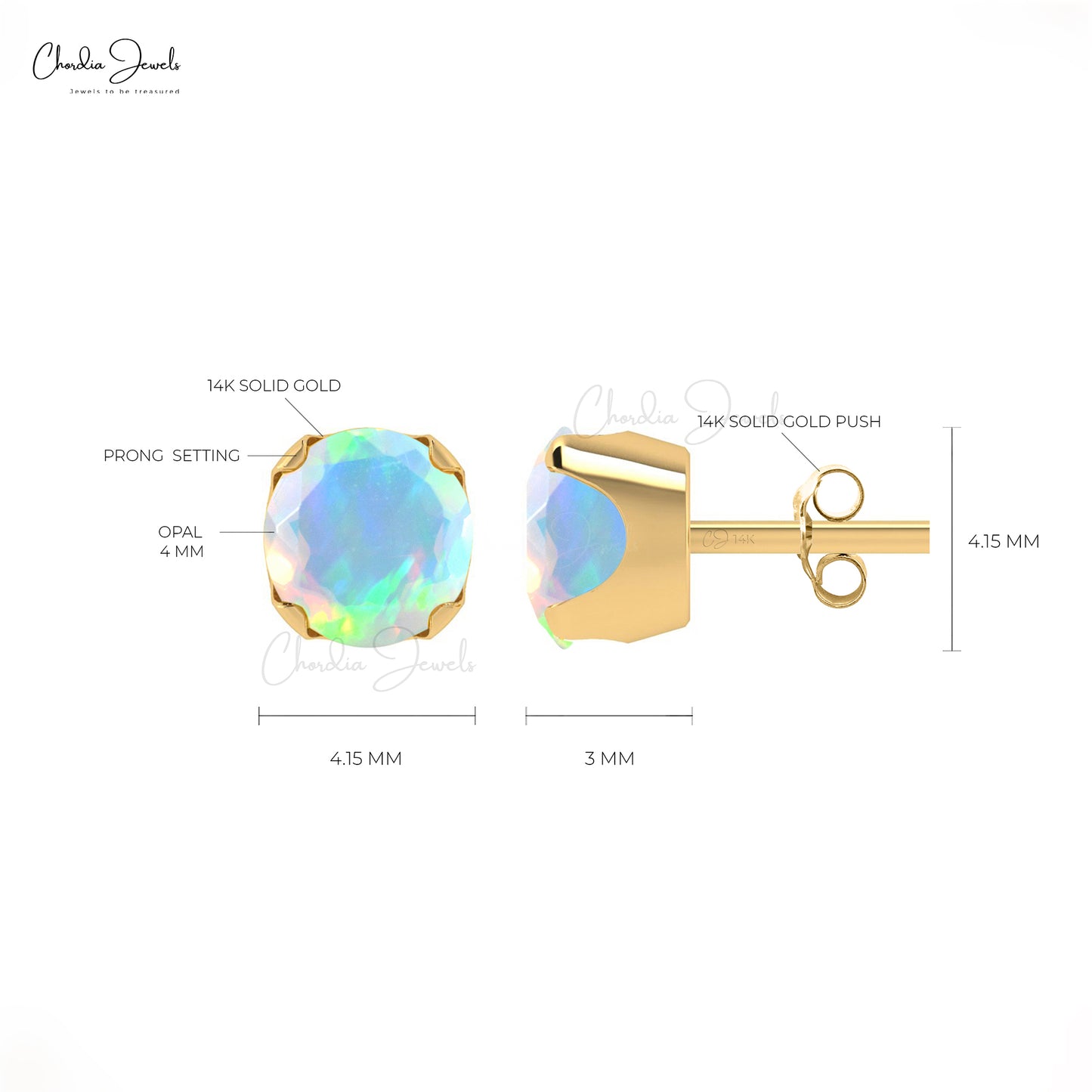 Genuine Ethiopian Opal Studs 14k Solid Gold Push Back Handmade Earrings 4mm Round Cut Fine Jewelry For Birthday Gift