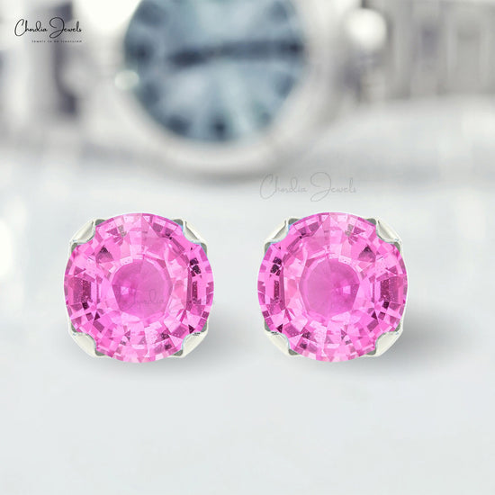 AAA Pink Sapphire Earrings For Gift 14k Real Gold Earrings Set 4mm Round Cut Gemstone Studs Hallmarked Jewelry