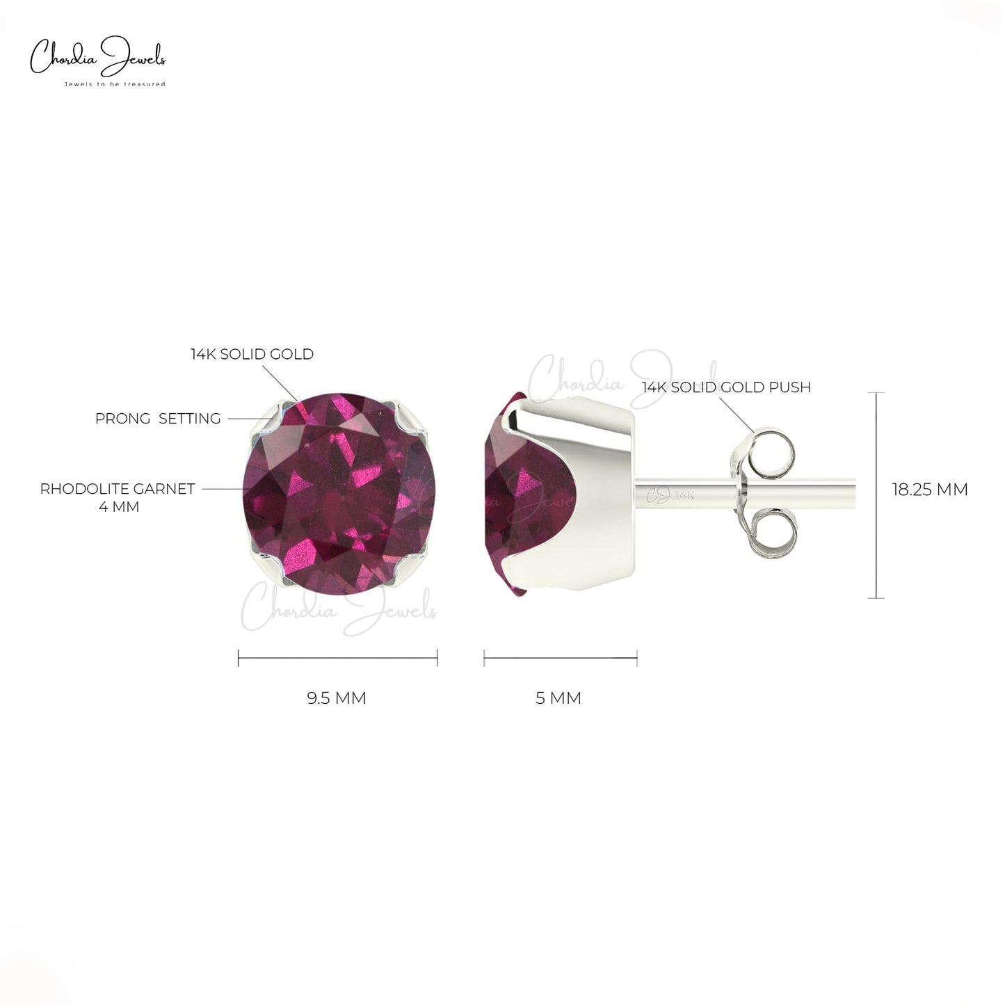 Natural Rhodolite Garnet Earrings For Gift 4mm Round  Cut Gemstone Studs 14k Solid Gold Minimalist Earrings Set Fine Jewelry  For Women