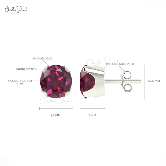 Natural Rhodolite Garnet Earrings For Gift 4mm Round  Cut Gemstone Studs 14k Solid Gold Minimalist Earrings Set Fine Jewelry  For Women