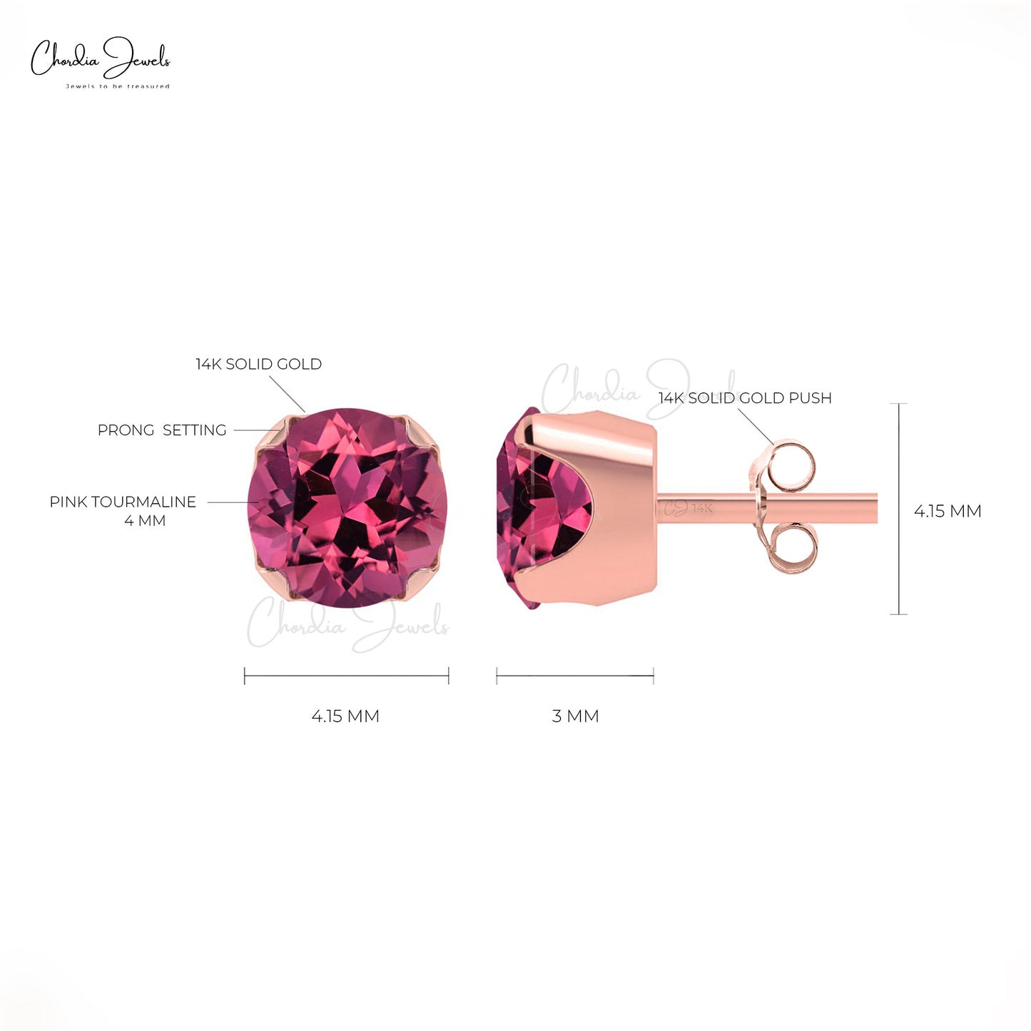 Genuine Pink Tourmaline 4mm Round Cut Gemstone Studs Earring 14k Solid Gold Studs For Her