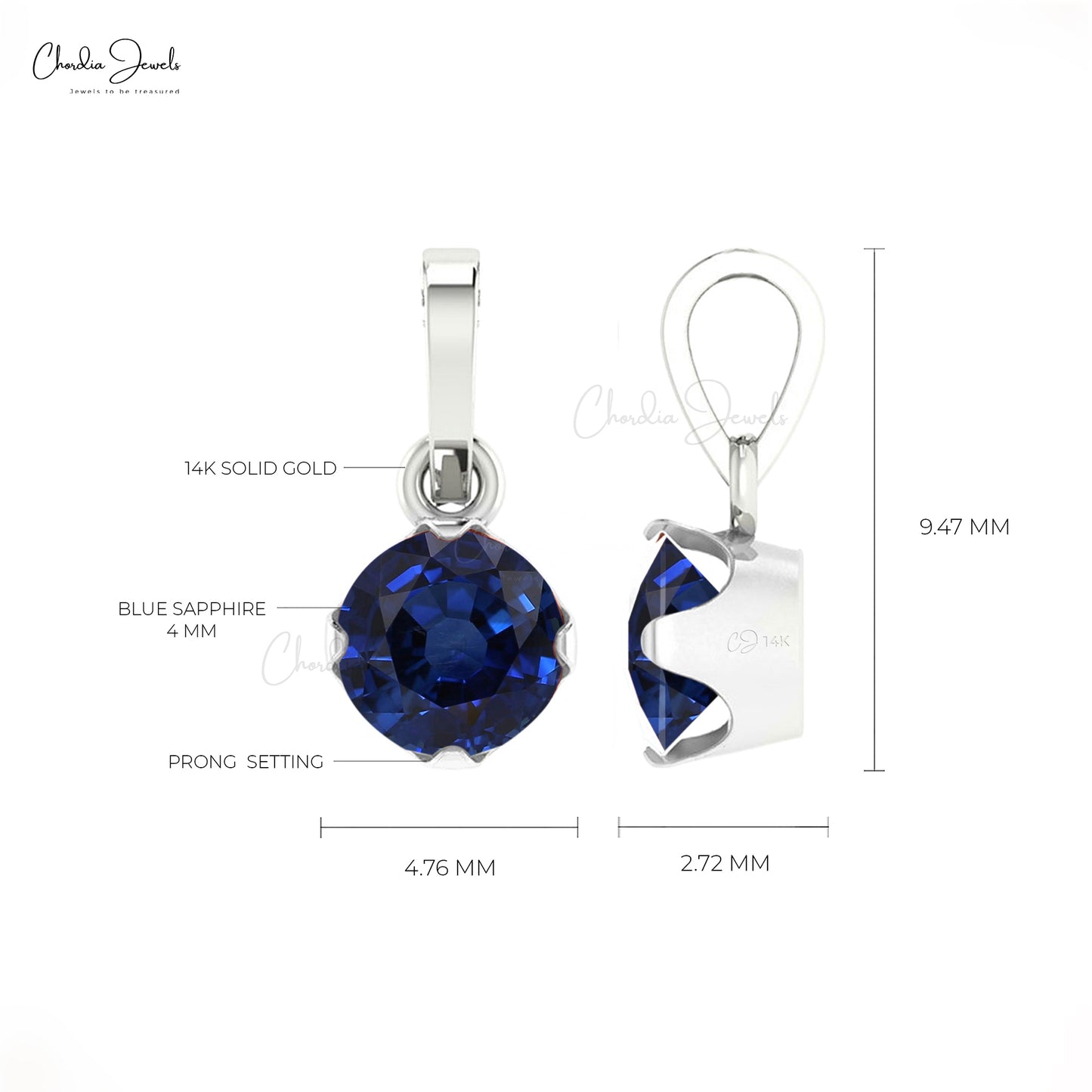 Real 14k Gold Genuine Blue Sapphire Pendant 0.23 Ct Round Cut Gemstone Solitaire Pendant Personalized Gift For Women