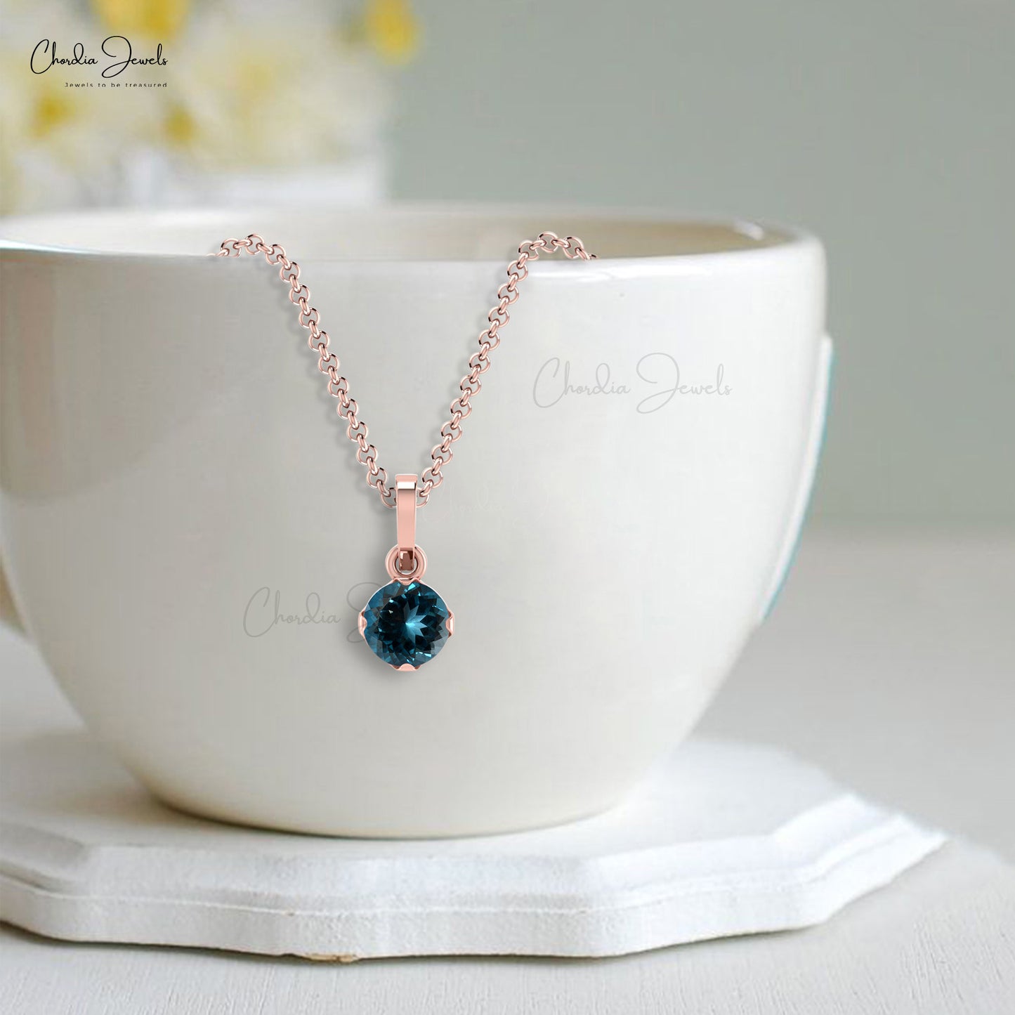 Single Stone Dangle Charm With 4mm London Blue Topaz 14k Real Gold Solitaire Pendant