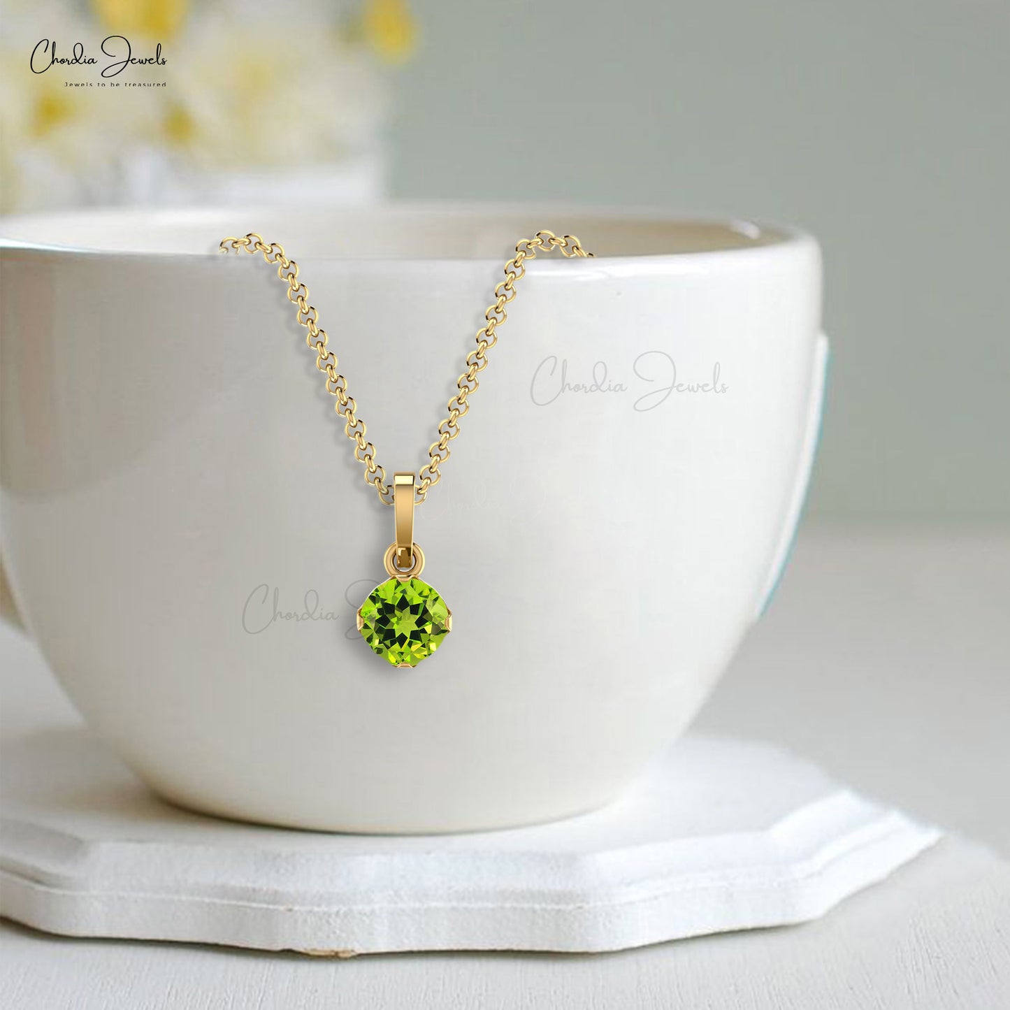 Natural Peridot Solitaire Pendant 14k Real Gold Hallmarked Pendant 4mm Round Cut Gemstone Pendant For Surprise Gift