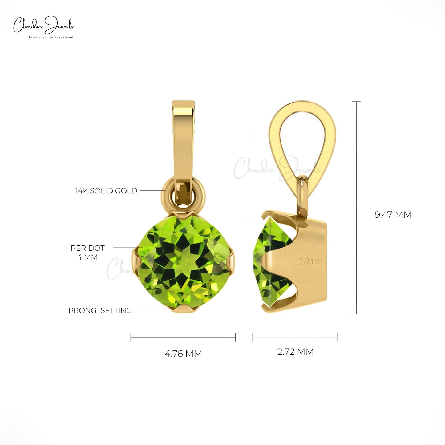 Natural Peridot Solitaire Pendant 14k Real Gold Hallmarked Pendant 4mm Round Cut Gemstone Pendant For Surprise Gift
