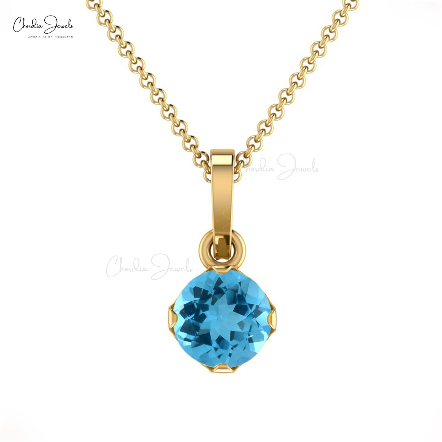 AAA Swiss Blue Topaz Solitaire Pendant 4mm Round Gemstone Minimalist Pendant 14k Solid Gold Handmade Pendant For Her