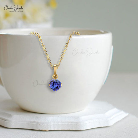 Elegant Round Shape Natural Blue Tanzanite Solitaire Pendant Necklace 14k Solid Gold Light Weight Jewelry For Women