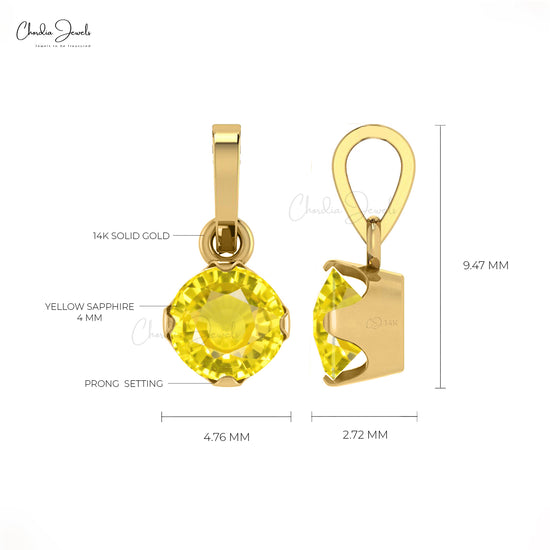 Yellow Sapphire Dainty Pendant 4mm Round Gemstone Minimalist Pendant Genuine 14k Real Gold Solitaire Pendant For Graduation Gift
