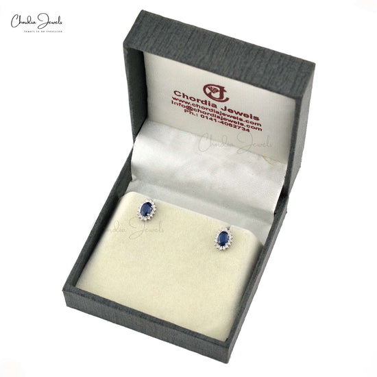 1.16 Carat Oval Cut Natural  Blue Sapphire Earrings For Anniversary, 14k Solid White Gold Diamond and Gemstone Halo Earrings For Birthday Gift