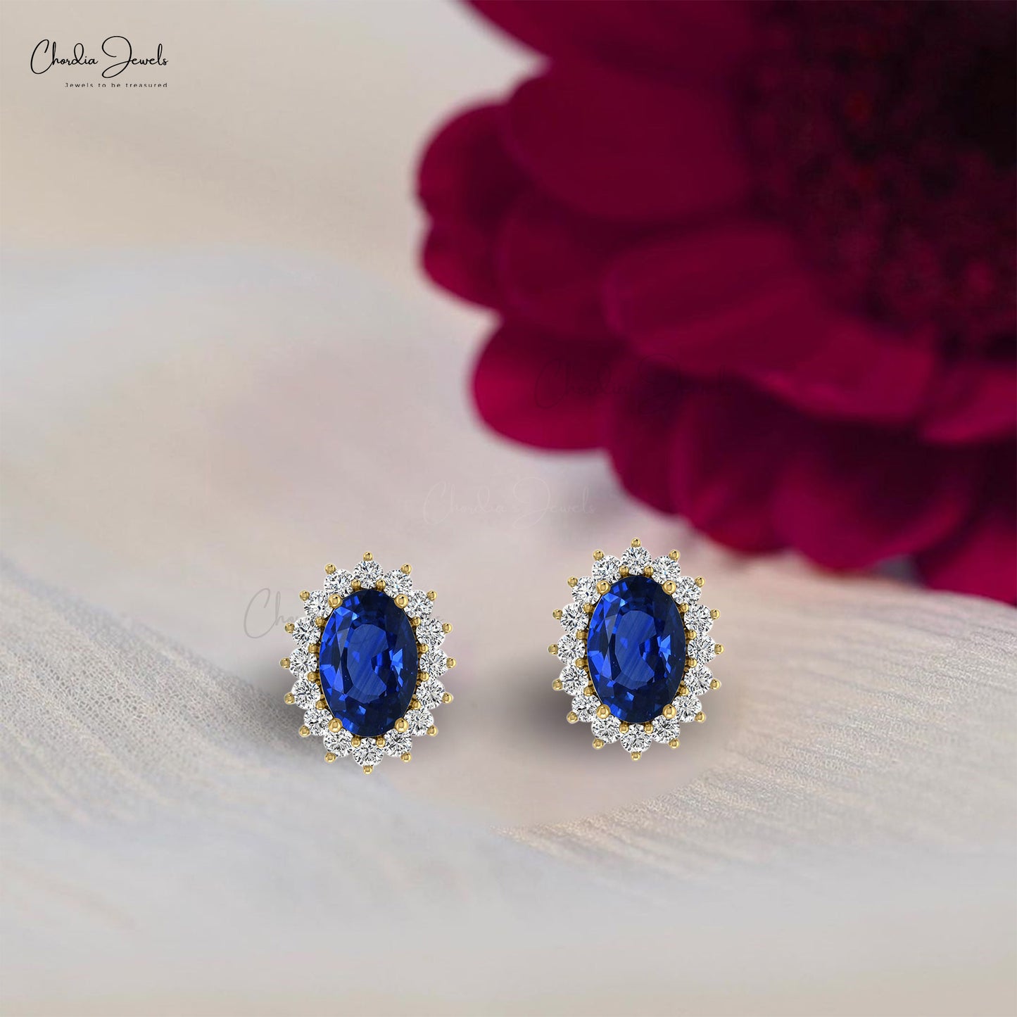 Natural Blue Sapphire Halo Earrings For Her 14k Real Gold White Diamond Earrings 6x4mm Oval Cut Gemstone Surprise Gift Earrings