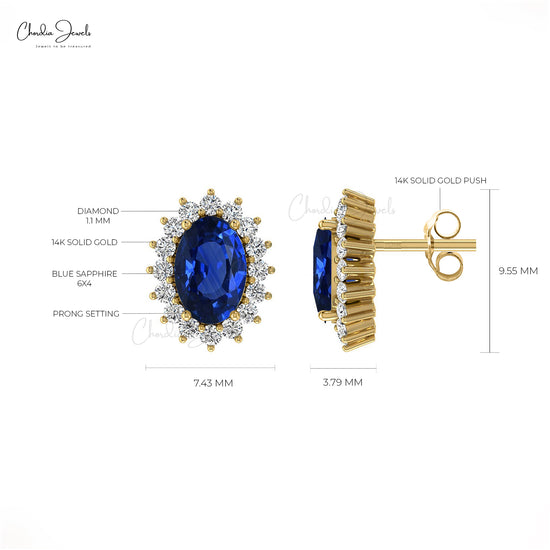 Natural Blue Sapphire Halo Earrings For Her 14k Real Gold White Diamond Earrings 6x4mm Oval Cut Gemstone Surprise Gift Earrings