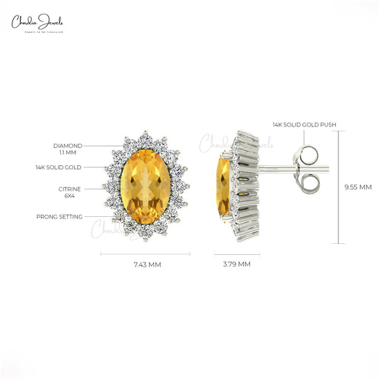 Real 14k Gold Genuine Citrine Earrings 0.84Ct Oval Gemstone Halo Diamond Earrings Handmade Personalized Gift For Women