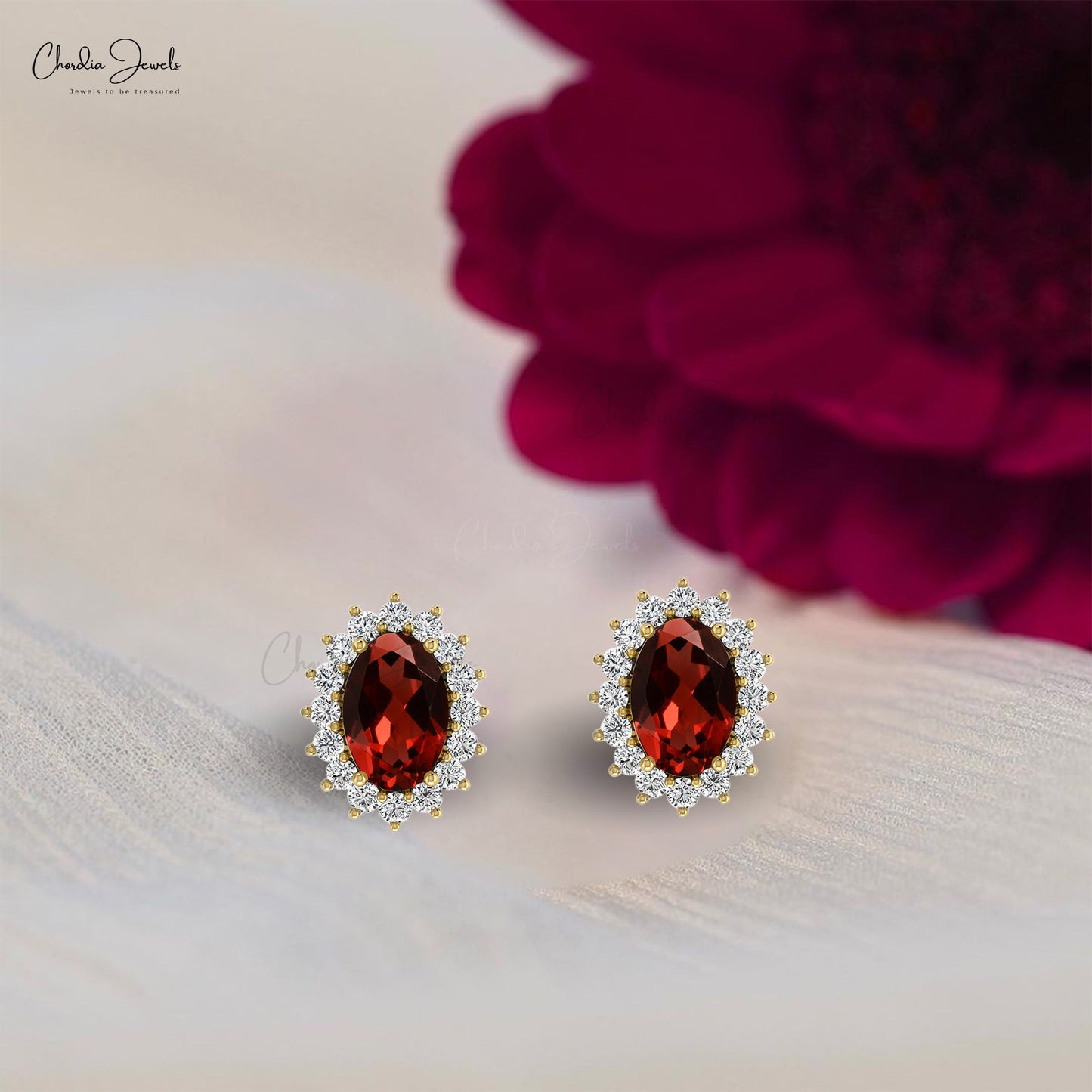 Natural Garnet Halo Earrings 14k Solid Gold Diamond Handmade Earrings 6x4mm Oval Gemstone Fine Jewelry For Surprise Gift