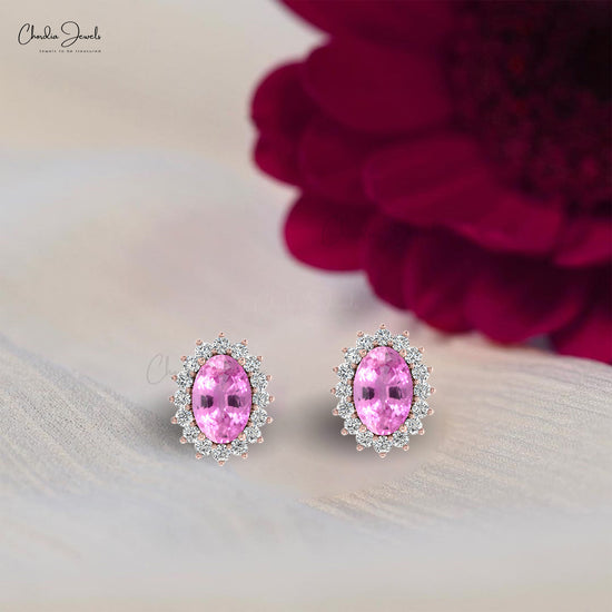 Iconic Pink Sapphire Dainty Earrings 6x4mm Oval Gemstone Minimalist Earrings Genuine 14k Real Gold Diamond Halo Earrings For Graduation Gift