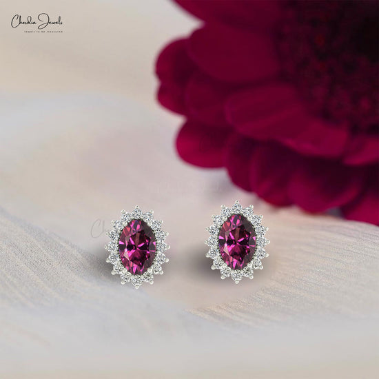 Real 14k Gold Natural Rhodolite Garnet Halo Studs 6x4mm Oval Gemstone Minimalist Earrings Hallmarked Jewelry For Women