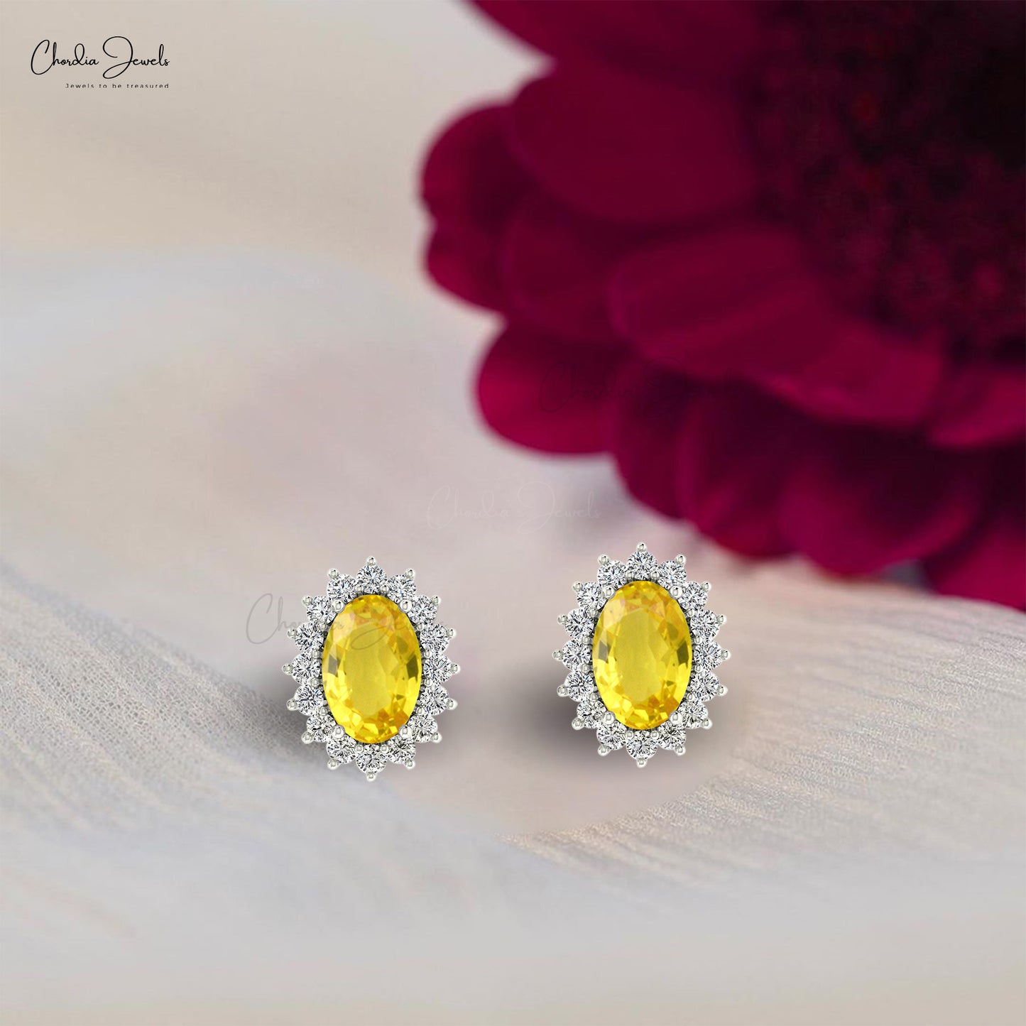 Real 14k Gold Genuine Yellow Sapphire Earrings 1.16 Ct Oval Gemstone Halo Diamond Earrings Handmade Personalized Gift For Women