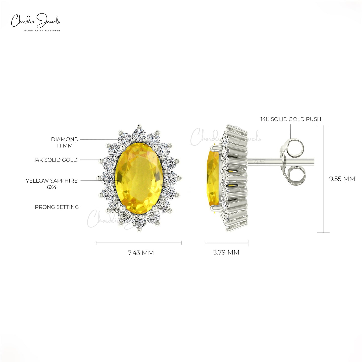 Real 14k Gold Genuine Yellow Sapphire Earrings 1.16 Ct Oval Gemstone Halo Diamond Earrings Handmade Personalized Gift For Women