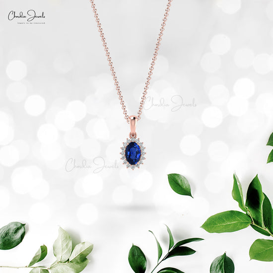 Oval Cut Dangle Pendant With 0.58 Ct Blue Sapphire Diamond Halo Pendant in 14k Solid Gold