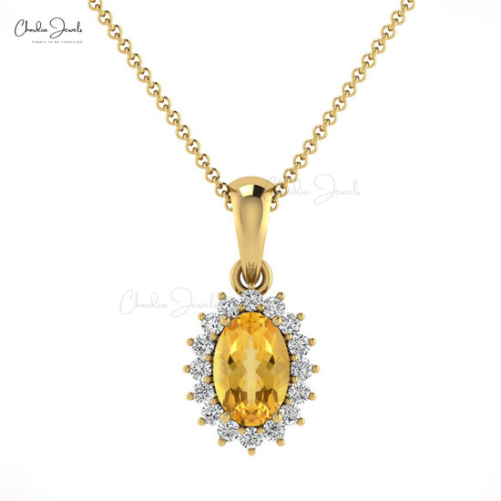 Oval Gemstone Dangle Charm in 14k Real Gold Citrine And Diamond Halo Pendant For Her