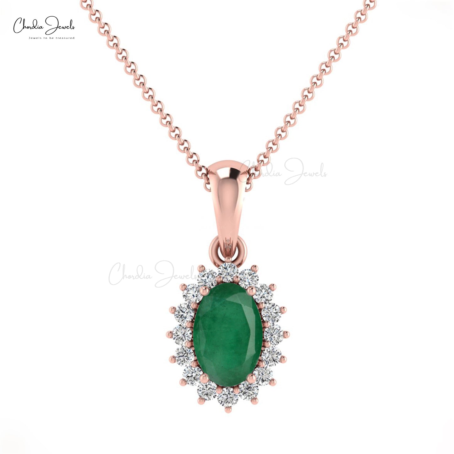 Natural Emerald Diamond Halo Pendant 14k Solid Gold Minimalist Pendant For Birthday Gift