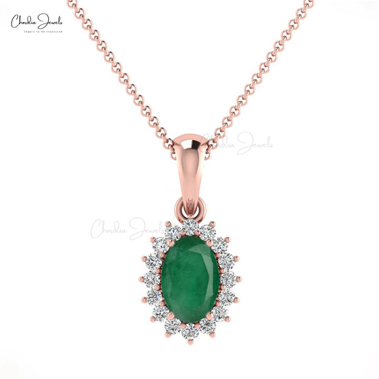 Natural Emerald Diamond Halo Pendant 14k Solid Gold Minimalist Pendant For Birthday Gift