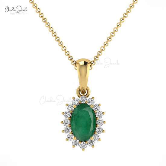 Natural Emerald Diamond Halo Pendant 14k Solid Gold Minimalist Pendant For Birthday Gift