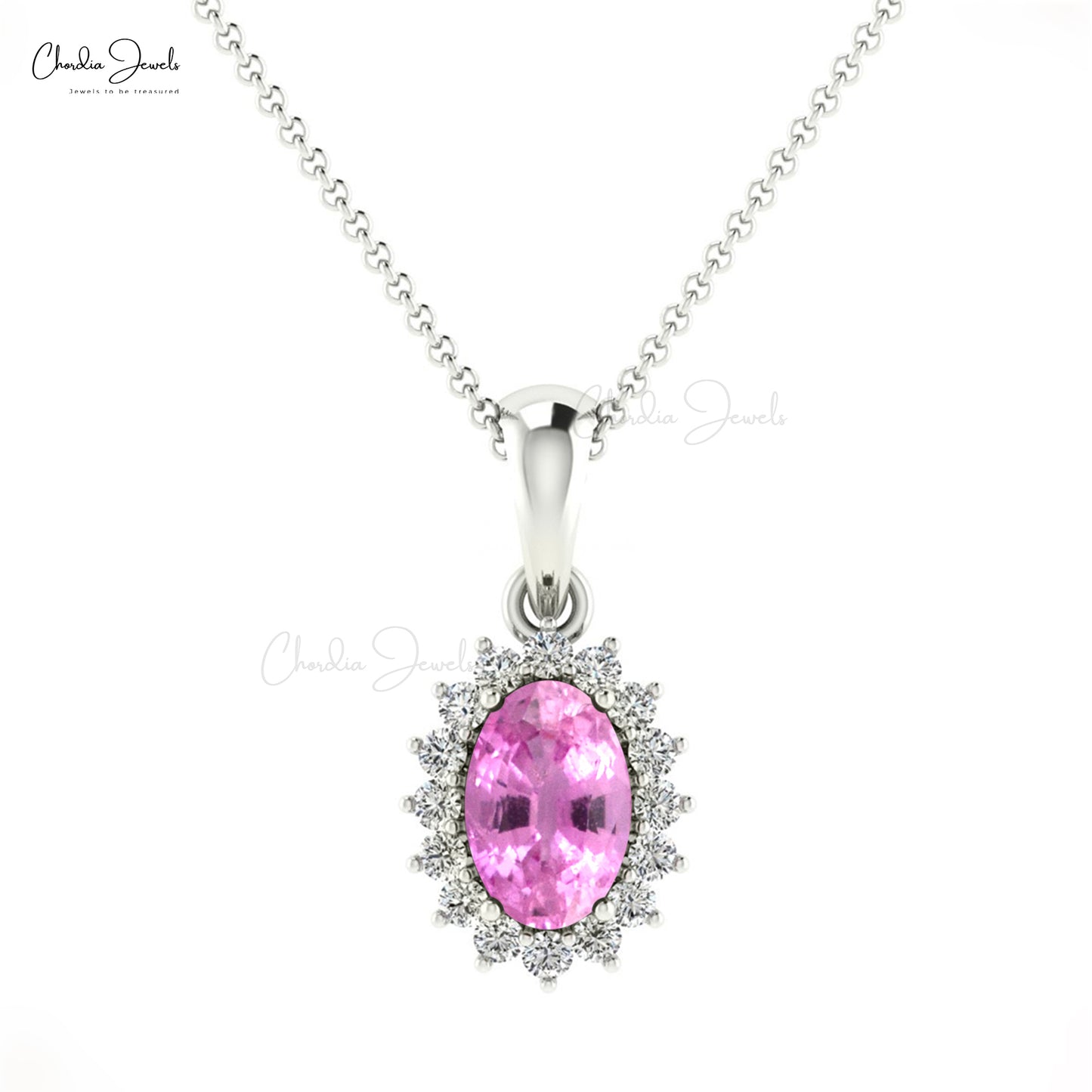 14K White Gold Pink Sapphire And Diamond Halo Necklace