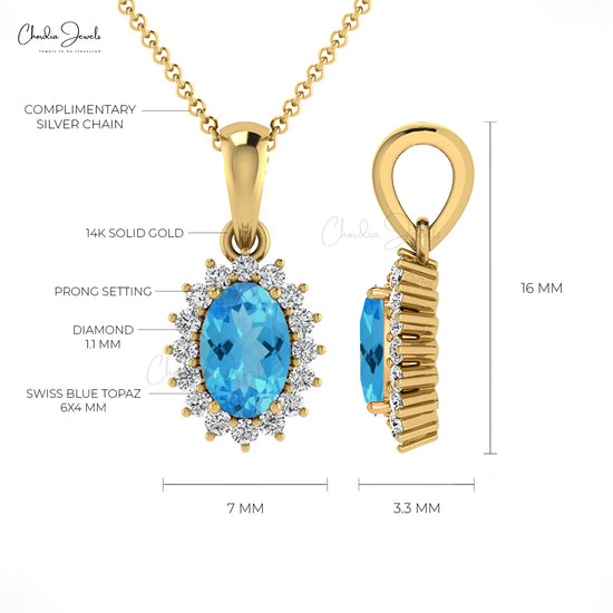 Real 14k Gold Genuine Swiss Blue Topaz Pendant 0.58 Ct Oval Gemstone Halo Diamond Pendant Handmade Personalized Gift For Women