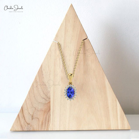 Luxury Women Simple Round Natural White Diamond Pendant Necklace December Birthstone Blue Tanzanite Pendant in 14k Pure Gold Gift For Wife