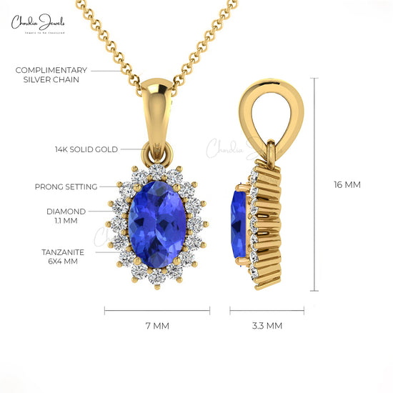 Luxury Women Simple Round Natural White Diamond Pendant Necklace December Birthstone Blue Tanzanite Pendant in 14k Pure Gold Gift For Wife
