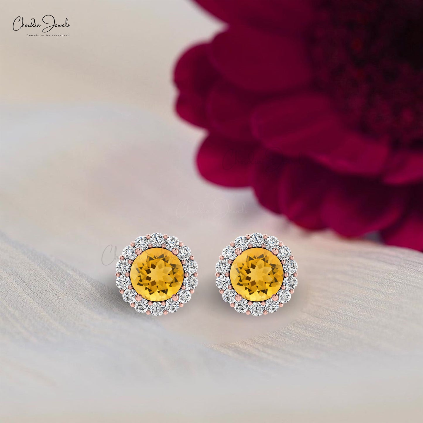 AAA Citrine Halo Earrings 0.5Ct Round Shape Natural Gemstone Summer Jewelry 14k Real Gold Dainty Earrings For Surprise Gift