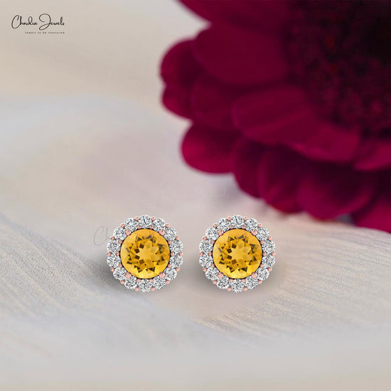 AAA Citrine Halo Earrings 0.5Ct Round Shape Natural Gemstone Summer Jewelry 14k Real Gold Dainty Earrings For Surprise Gift