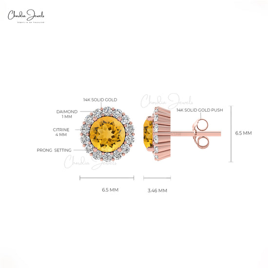 AAA Citrine Halo Earrings 0.5Ct Round Shape Natural Gemstone Summer Jewelry 14k Real Gold Dainty Earrings For Surprise Gift