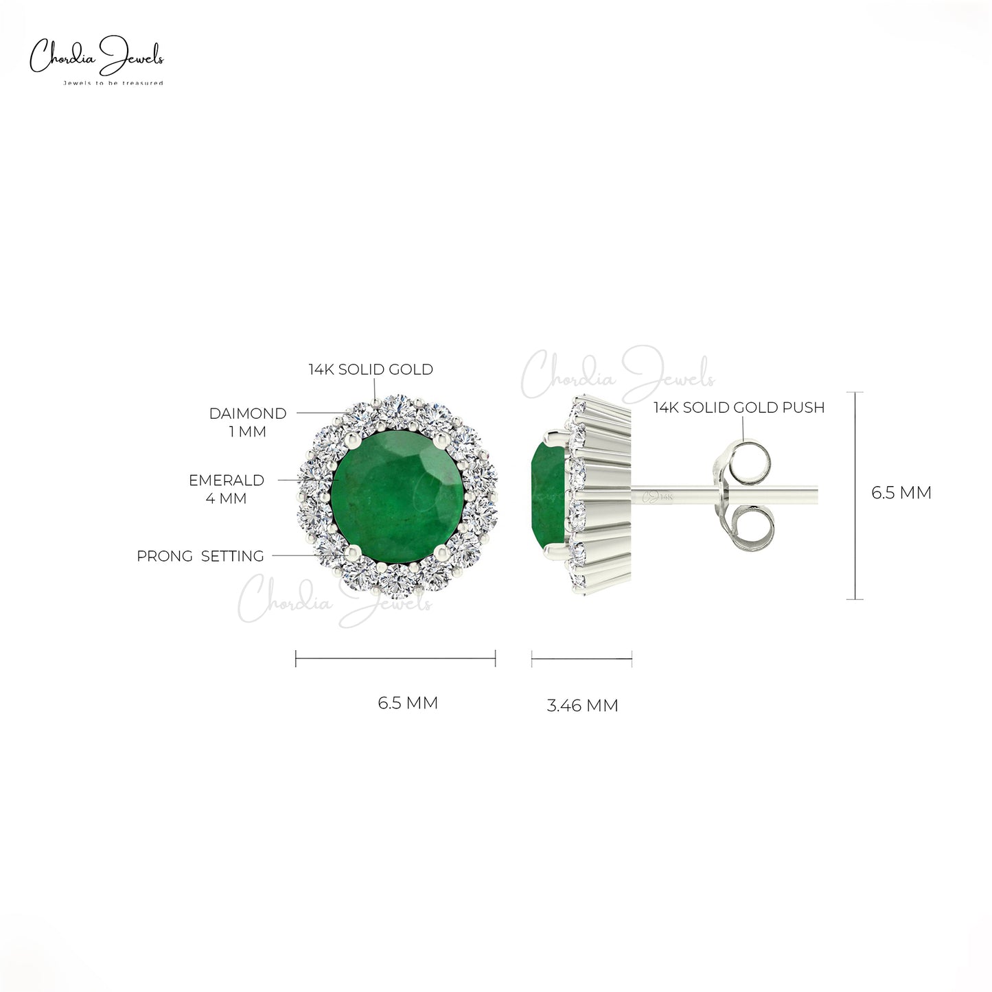 Genuine Emerald Earrings with Diamond Halo 14k White Gold 0.46ct Round Gemstone Earring