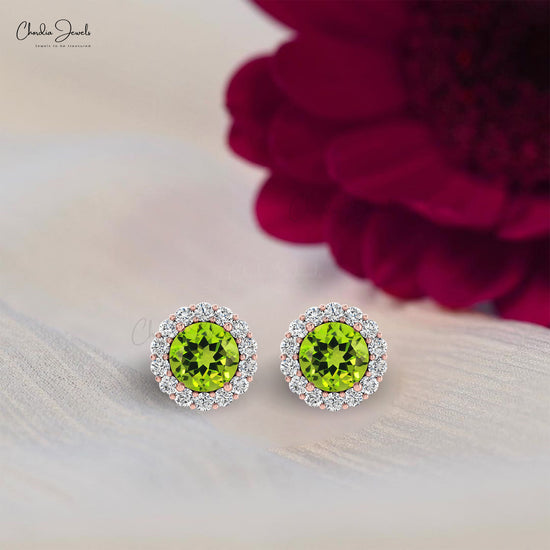 August Peridot 4mm Round Cut Gemstone Halo Earrings 14k Solid Gold Diamond Studs For Gift